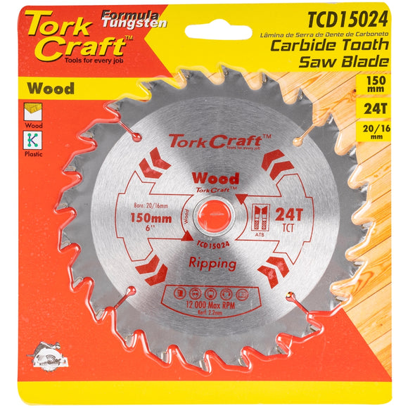 Image of a Tork Craft Blade TCT 150 X 24t 20/16 General Purpose Rip Wood