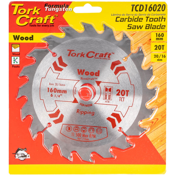 Image of a Tork Craft Blade TCT 160 X 20t 20/16 General Purpose Rip Wood
