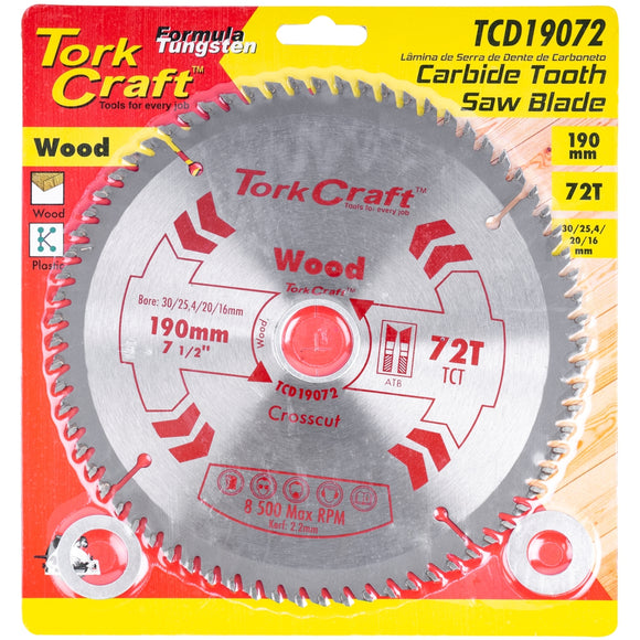 Image of a Tork Craft Blade TCT 190 X 72t 30/25.4/20/16mm General Purpose Cross Cut Smooth