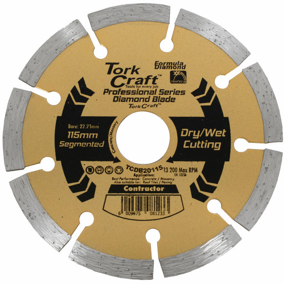 Image of a Tork Craft Diamond Blade 10mm Seg For Cutting Building Materials 115mm 22x23mm
