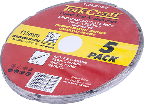 Image of a Tork Craft Diamond Blade Segmented 115mm Professional Bulk 5 Pack