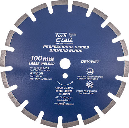 Image of a Tork Craft Diamond Blade 300 X 25.4mm Asphalt Laser Welded Segmented Tar