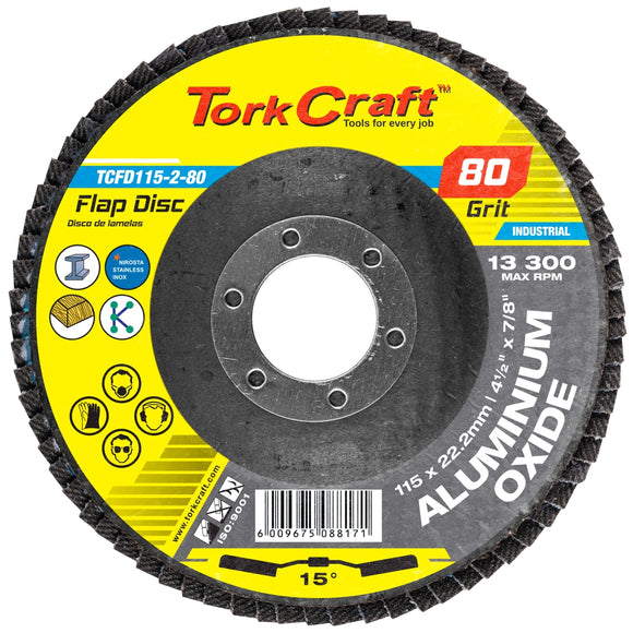 Image of a Tork Craft Flap Disc 115mm 15 Deg.angle 80 Grit A/O