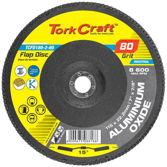 Image of a Tork Craft Flap Disc 180mm 15 Deg.angle 80 Grit A/O