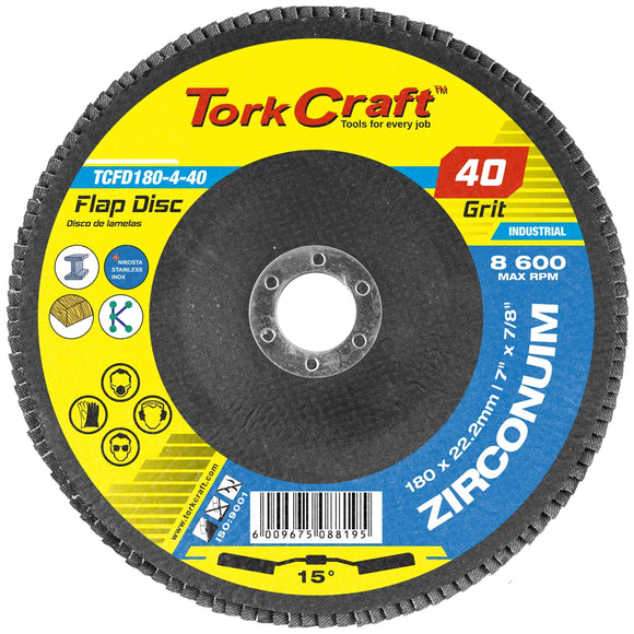 Image of a Tork Craft Flap Disc Zirconium 180mm 40 Grit Angled