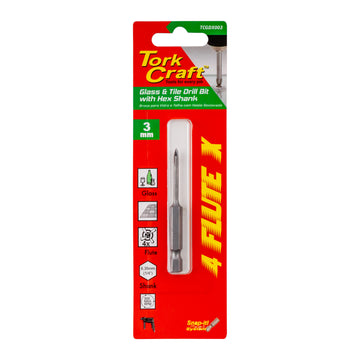 Image of a Tork Craft Glass & Tile Drill 3mm 4 Flute With Hex Shank