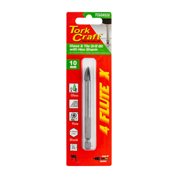 Image of a Tork Craft Glass & Tile Drill 10mm 4 Flute With Hex Shank