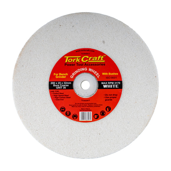 Image of a Tork Craft Grinding Wheel 200x25x32mm White Coarse 36 Grit with Bushes for Bench Grinders