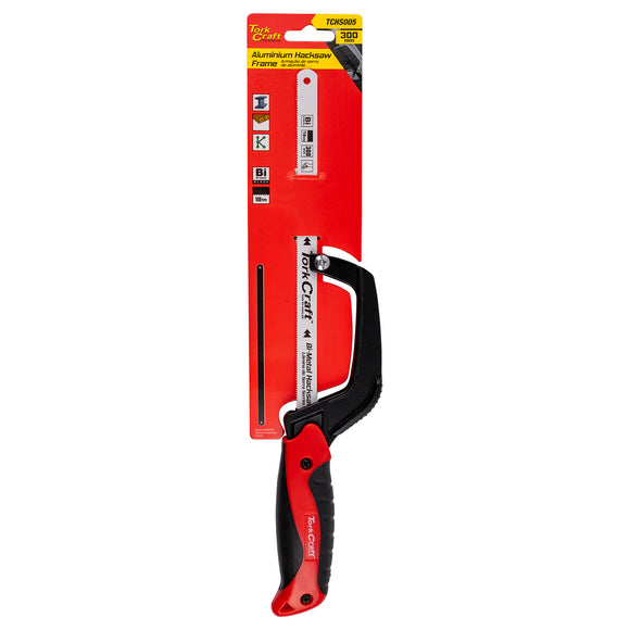 Image of a Tork Craft Alumimium Hack Saw Frame 300mm Mini + Blade One Hand
