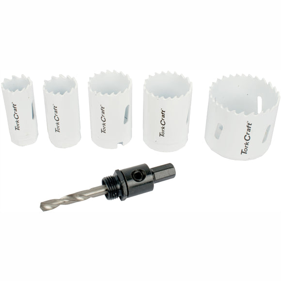 Image of a Tork Craft Hole Saw Set 6pce Bi-metal (22/25/32/35/51mm & 3/8 Hex Mandrel)