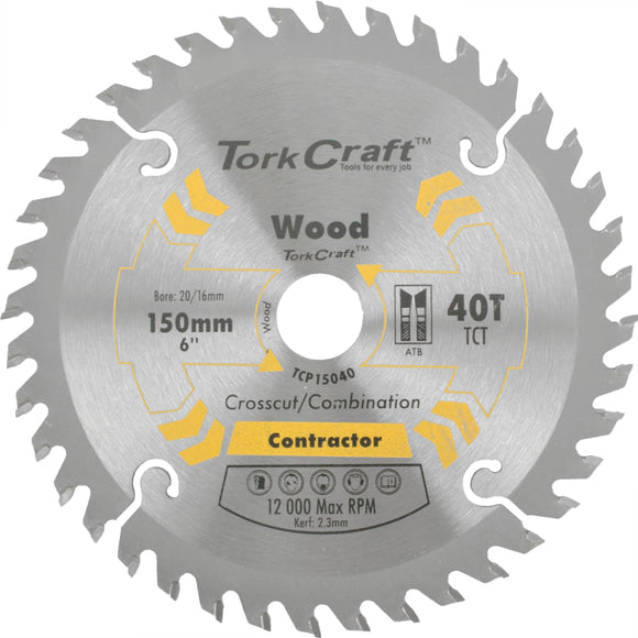 Image of a Tork Craft Blade Contractor 150 X 40t 20/16 Circular Saw TCT