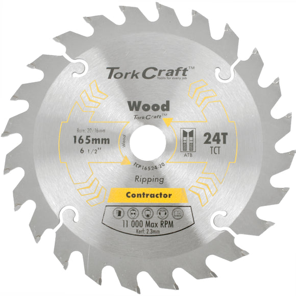 Image of a Tork Craft Blade Contractor 165 X 24t 20/16 Circular Saw TCT