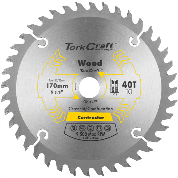 Image of a Tork Craft Blade Contractor 170 X 40t 20/16 Circular Saw TCT