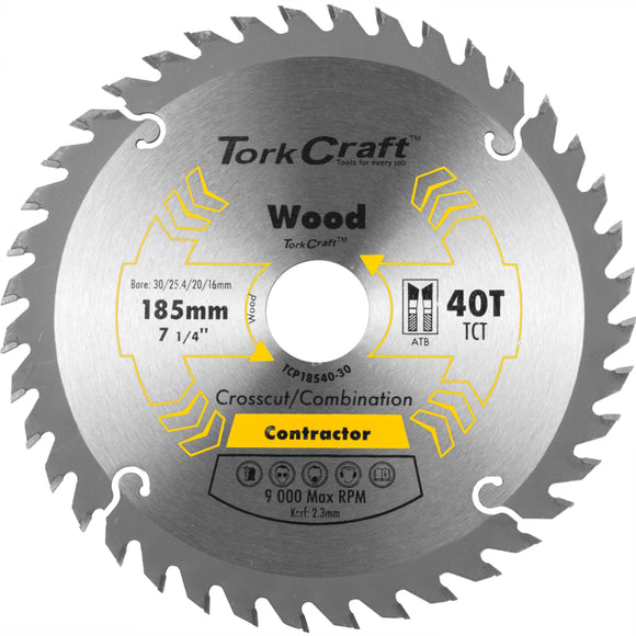 Image of a Tork Craft Blade Contractor 185 X 40t 30/20/16/1 Circular Saw TCT