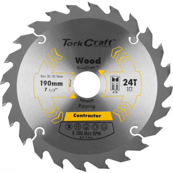 Image of a Tork Craft Blade Contractor 190 X 24t 30/20/16 Circular Saw TCT