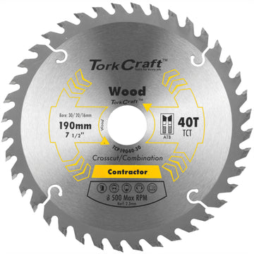 Image of a Tork Craft Blade Contractor 190 X 40t 30/20/16 Circular Saw TCT