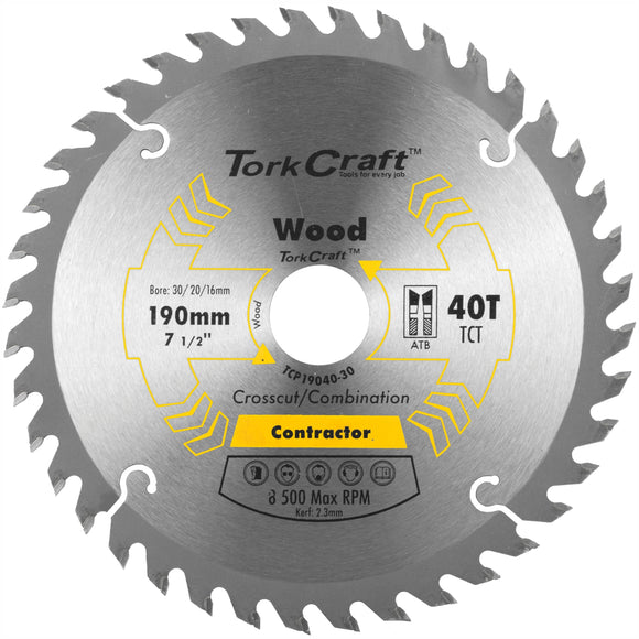 Image of a Tork Craft Blade Contractor 190 X 40t 30/20/16 Circular Saw TCT