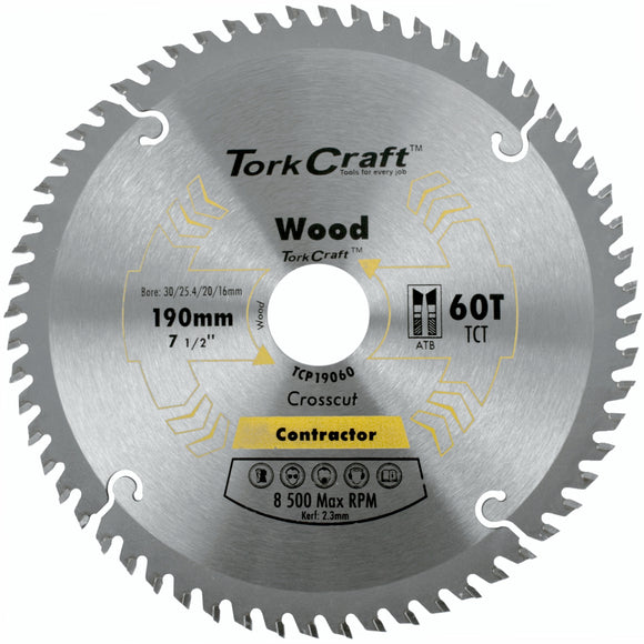 Image of a Tork Craft Blade Contractor 190 X 60t 30/1/20/16 Circular Saw TCT
