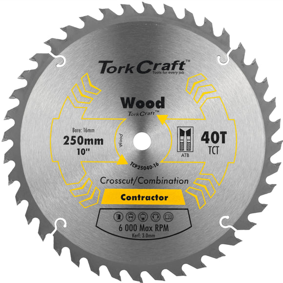 Image of a Tork Craft Blade Contractor 250 X 40t 16mm Circular Saw TCT