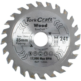 Image of a Tork Craft TCT Saw Blade 85mm X 1.2mm X 15mm X 24t Wood Thin Kerf