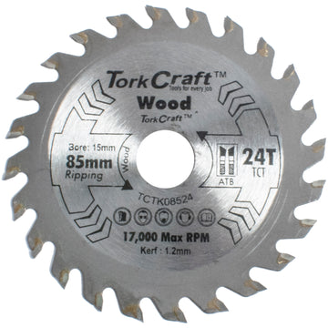 Image of a Tork Craft TCT Saw Blade 85mm X 1.2mm X 15mm X 24t Wood Thin Kerf