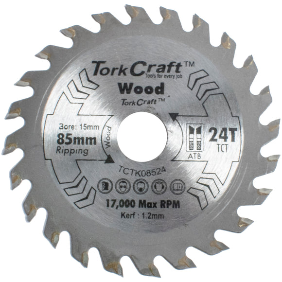 Image of a Tork Craft TCT Saw Blade 85mm X 1.2mm X 15mm X 24t Wood Thin Kerf