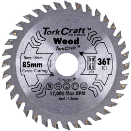 Image of a Tork Craft TCT Saw Blade 85mm X 1.2mm X 15mm X 36t Wood Thin Kerf