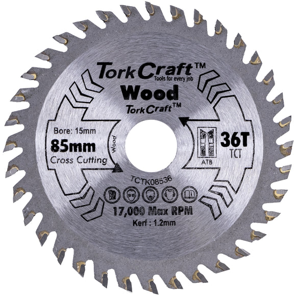 Image of a Tork Craft TCT Saw Blade 85mm X 1.2mm X 15mm X 36t Wood Thin Kerf