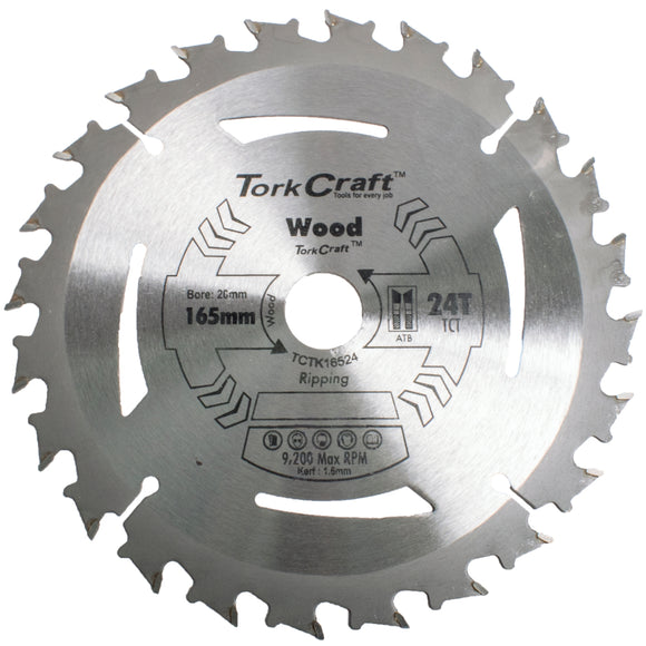 Image of a Tork Craft TCT Saw Blade 165mm X 1.6mm X 20mm X 24t Wood Thin Kerf