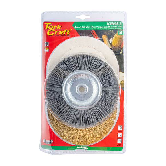 Image of a Tork Craft Bench Grinder Set 150mm 3pce 1 X Wire 1 X Buff 1 X Nylon Wheel