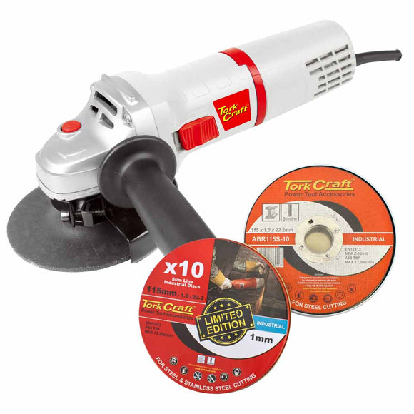 Image of a Tork Craft Angle Grinder 115mm  TCAG0115 with 10pce 115mm Cutting Disc Promo Tin