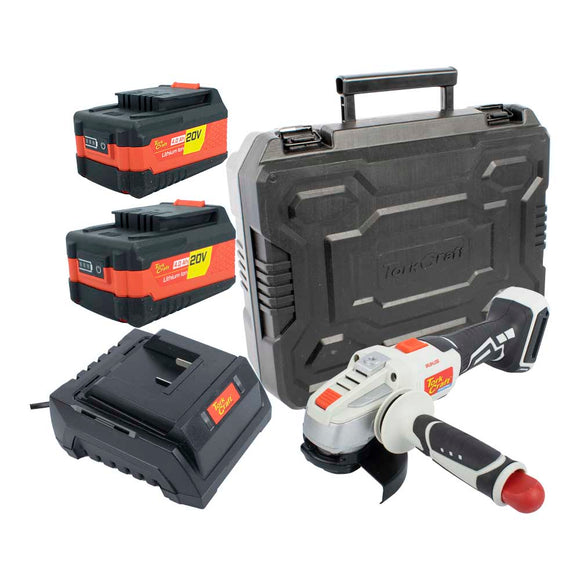 Image of a Tork Craft Angle Grinder 20v 115mm + Std. Charger. & 2 X 4.0Ah Batteries