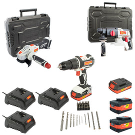 Image of a Tork Craft 115 Angle Grinder And Rotary/ Impact Drill Set Std Charger And Bat