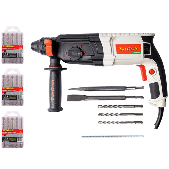 Image of a Tork Craft Rotary Hammer 800w SDS TCRH0800 + 5pc SDS Drill Bit Set X 3 Nr07305