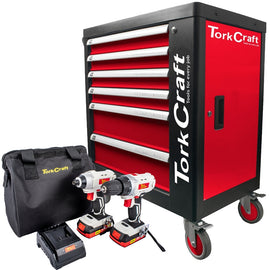 Image of a Tork Craft 6 Drawer Roller Tool Cabinet 184pc TC620050 + Drill & Impact Driver