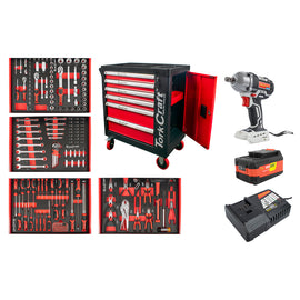 Image of a Tork Craft 6 Drawer Cabinet 184pc + Impact Wrench 450n, 4.0Ah Battery & Smart Charger