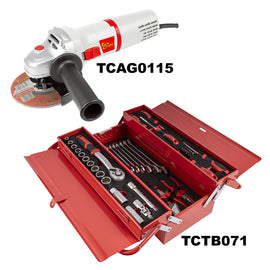 Image of a Tork Craft Angle Grinder 115mm & Cantilever Tool Box 71pc Combo