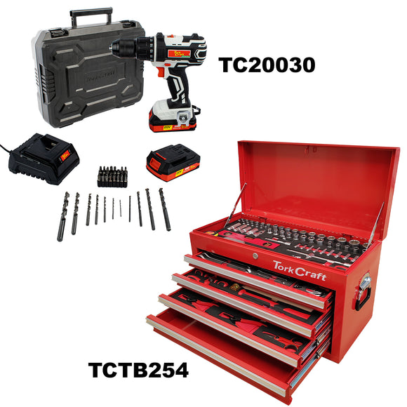 Image of a Tork Craft Impact Drill Driver 20v 13mm & Cantilever Tool Box 254pc Combo