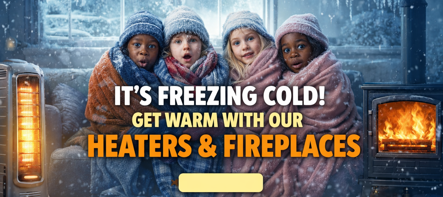 Children bundled up in winter clothing with text promoting heaters and fireplaces.