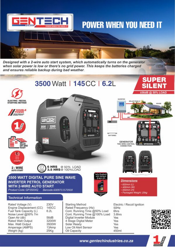 Gentech Power 3500-Watt Pure Sine Wave Inverter Generator GP3500IQ